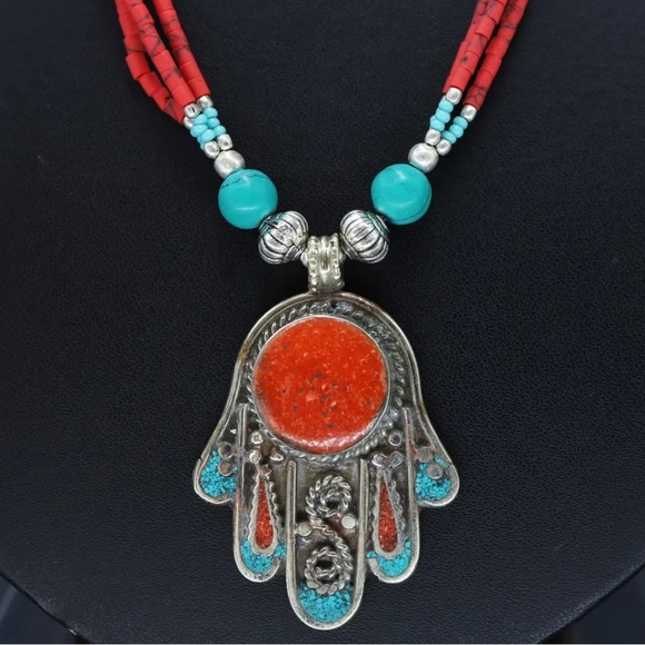 Tibetan silver turquoise and coral Nepali necklace - Picture 7 of 8